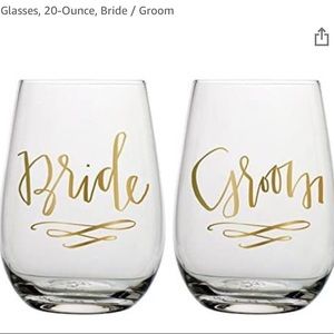 New in box stemless bride and groom wine glasses